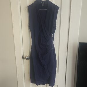Kenneth Cole Navy Sleeveless Draped Midi Dress with Side Zip Detail